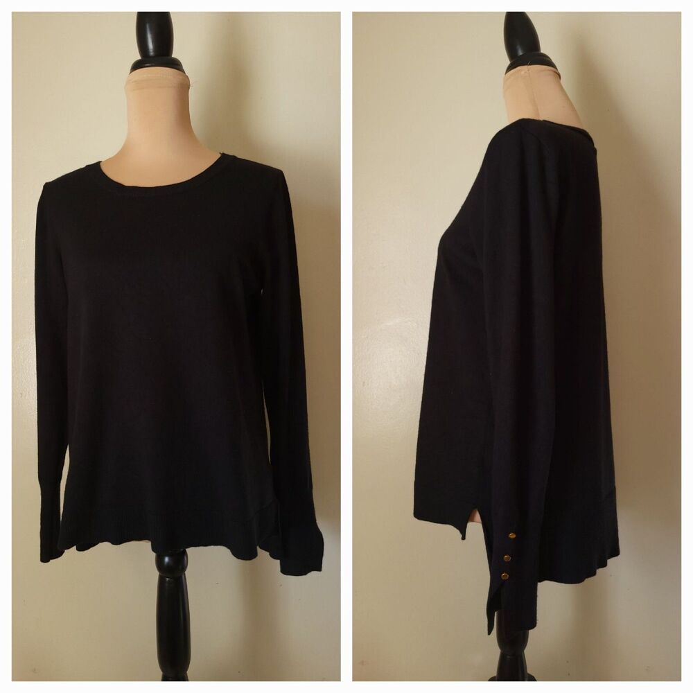 Philosophy Black Crew Neck Sweater Gold Button Detail at Sleeve Size L